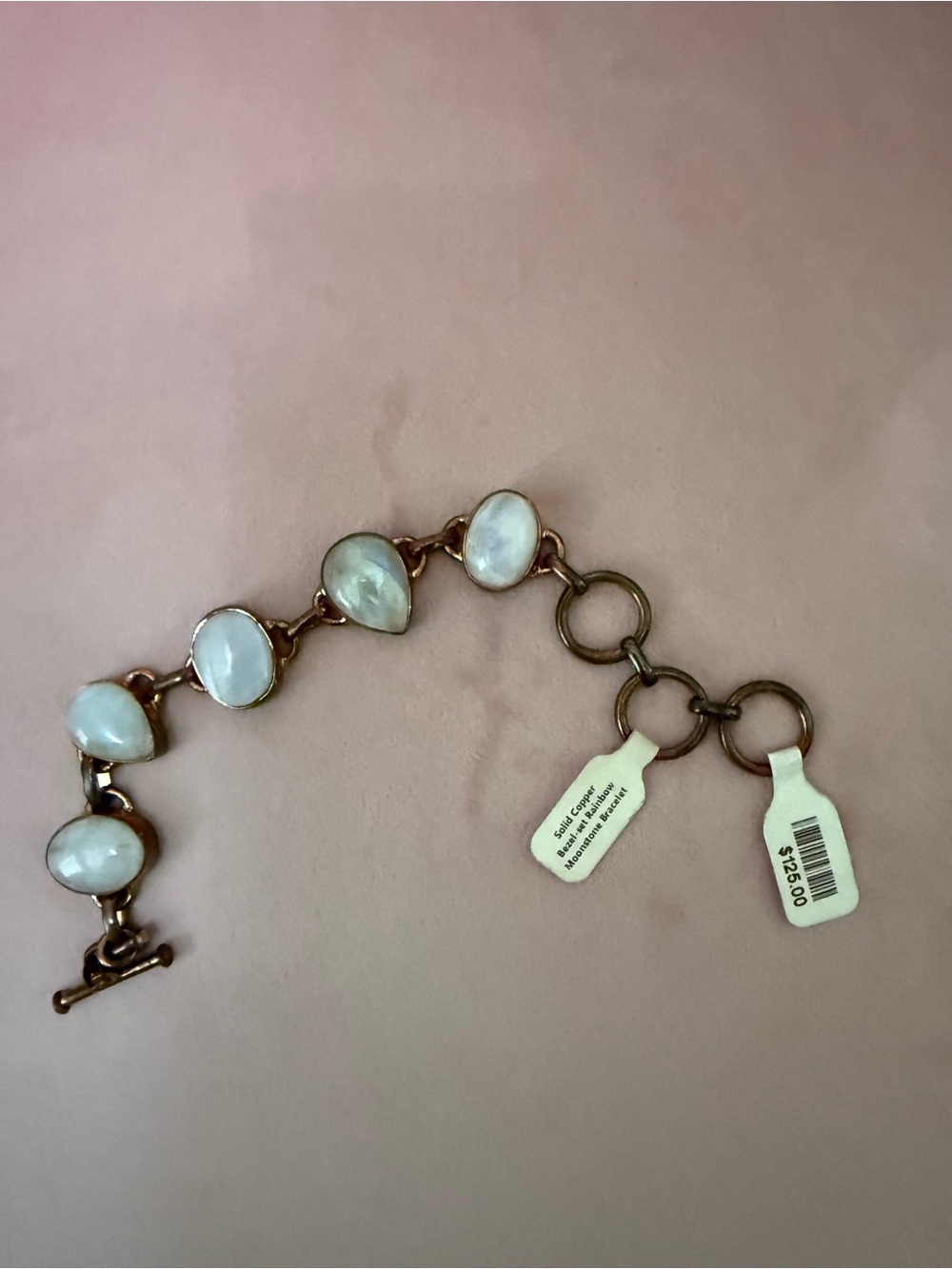 Solid Copper and Bezel Set Rainbow Moonstone Bracelet. NWT